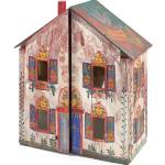 The folk art paintings on the dollhouse are the signed work of Peter Hunt. The 39-inch-high plywood toy was decorated in 1941. (Cowles Syndicate Inc.)