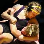 Lake Stevens Brandon Poe works to pin Stanwoods Mason Ferguson Thursday evening at Lake Stevens High School on December 12, 2019. Lake Stevens won 49-24. (Kevin Clark / The Herald)