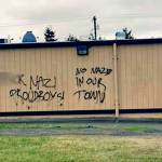 An anonymously submitted photo posted to Twitter shows graffiti on the wall of Razzals Sports Bar & Grill in Lake Stevens. Part of this image has been manipulated by The Herald to obscure an obscenity. (Emerald City Anti-fascists via Twitter)