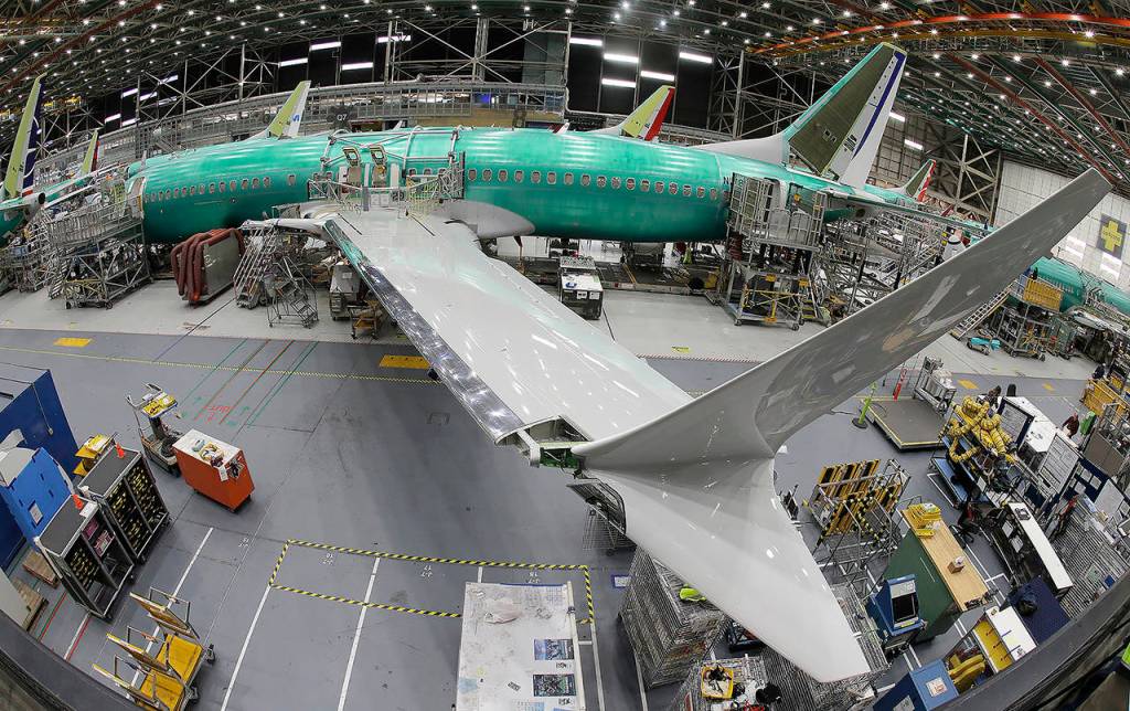 A Boeing 737 Max 8 airplane on the assembly line in Renton in March. (AP Photo/Ted S. Warren, File)