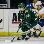 The Silvertips Gage Goncalves (left) controls the puck with the Blades Jayden Wiens defending on Nov. 22, 2019, at Angel of the Winds Arena in Everett. (Kevin Clark / The Herald)