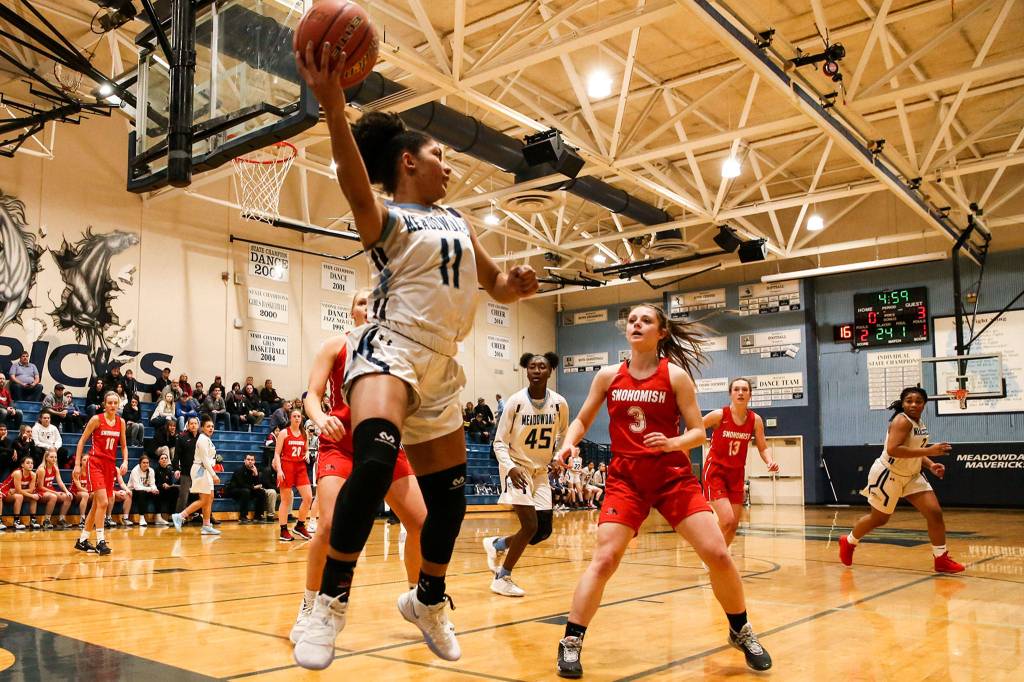 Meadwodale beat Snohomish 47-41 Tuesday evening at Meadowdale High School in Lynnwood. (Kevin Clark / The Herald)