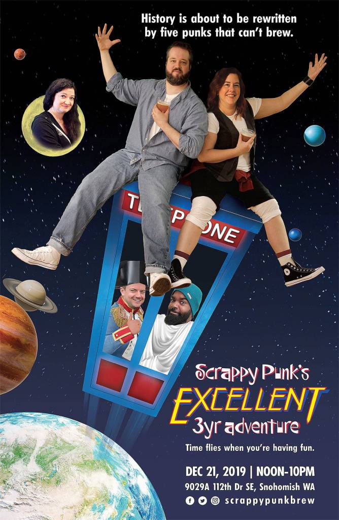 Scrappy Punks third anniversary poster is a nod to the iconic Bill & Teds Excellent Adventure movie poster. (Scrappy Punk Brewing)