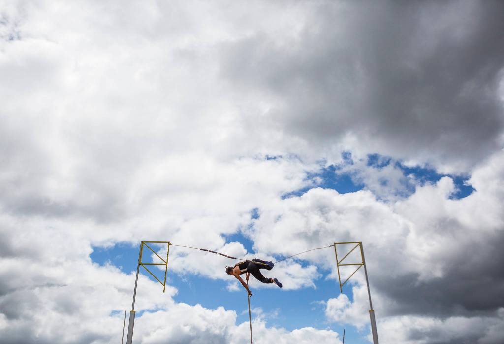 A pole vaulter practices before the start of the 3A boys pole vaulting final during the second day of competition at the 4A/3A/2A State Track Field Championships at Mount Tahoma High School on May 24 in Tacoma. (Olivia Vanni / The Herald)