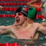 Snohomishs James Boggeri celebrates his first place in the Boys 50-yard freestyle during the NW District 1 3A Boys Swim and Dive at the Snohomish Aquatic Center on Feb. 8. The Jaguars won 84-70. (Kevin Clark / The Herald)