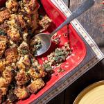 Mushroom and Swiss chard strata with Gruyere makes a sumptuous weekend breakfast during the holidays. (Stacy Zarin Goldberg for The Washington Post)