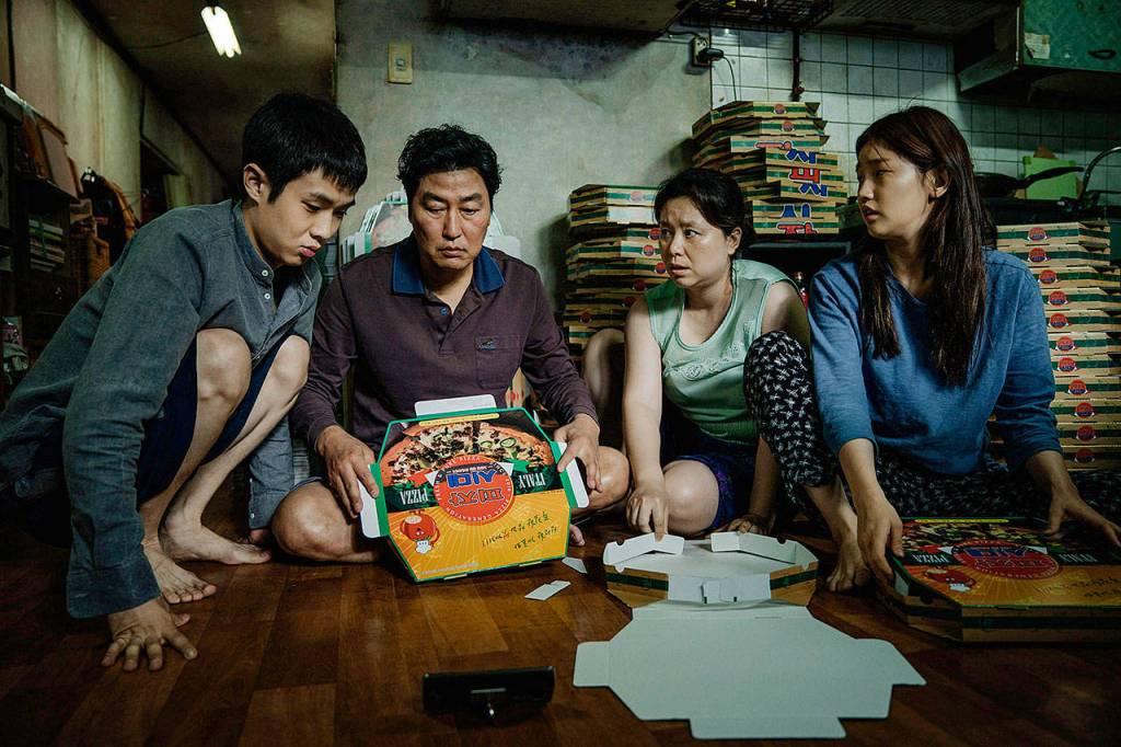 The Kim family, prior to hitting the jackpot, in Parasite. (Neon / CJ Entertainment)