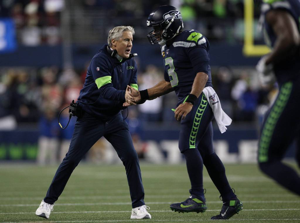 Seattle Seahawks head coach Pete Carroll celebrates after a touchdown. However the Seahawks lost to the San Francisco 49ers 26-21 at CenturyLink Field on Sunday, Dec. 29, 2019 in Seattle, Wash. (Andy Bronson / The Herald)