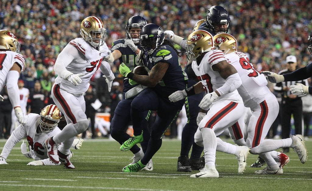 Seattle Seahawks Marshawn Lynch run for two yards as the Seahawks lost to the San Francisco 49ers 26-21 at CenturyLink Field on Sunday, Dec. 29, 2019 in Seattle, Wash. (Andy Bronson / The Herald)