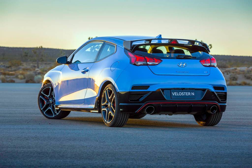 With its low wide stance, multiple vents, and large rear wing, the 2020 Hyundai Veloster N exhibits its high-performance spirit. (Manufacturer photo)