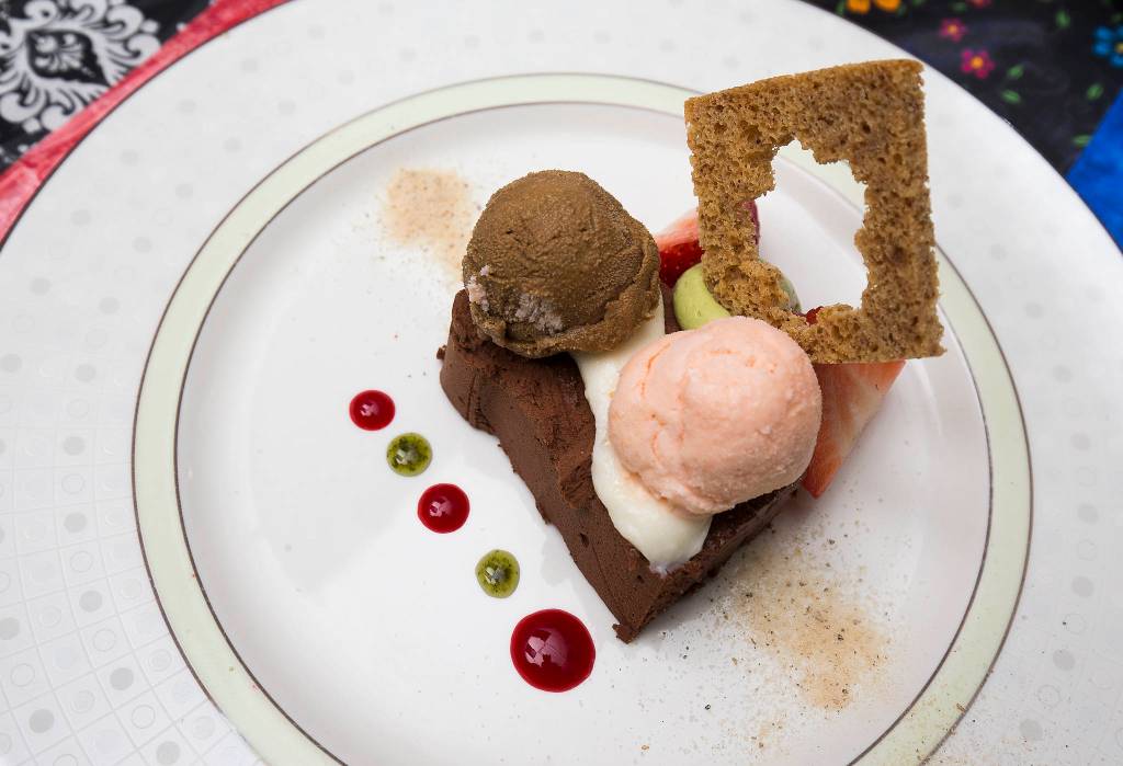 A dessert made by Chef Takayuki Masumoto at the Grouchy Chef, a French restaurant in Mukilteo. A four-course meal starts at $14 for braised chicken. (Andy Bronson / The Herald)