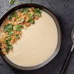 Creamy celery root soup has no cream. Its creaminess comes from pureed celery root, white beans and tahini. (Photo by Tom McCorkle for The Washington Post)