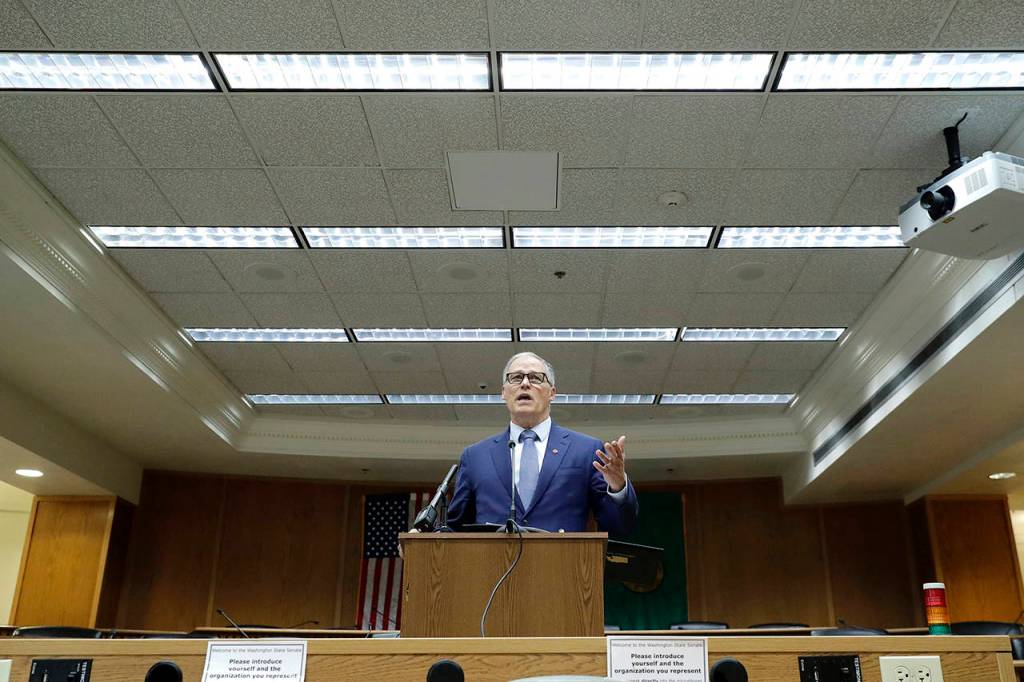 Washington Gov. Jay Inslee speaks Thursday during the AP Legislative Preview at the Capitol in Olympia. (AP Photo/Ted S. Warren)