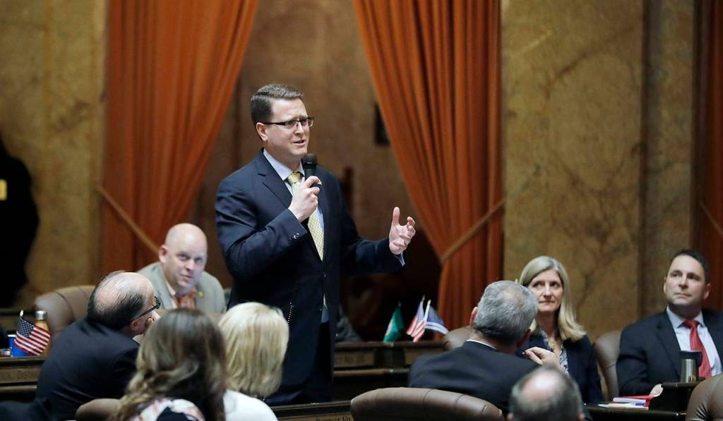Rep. Matt Shea, R-Spokane, speaks in April on the House floor at the Capitol in Olympia. (AP Photo/Ted S. Warren, file)