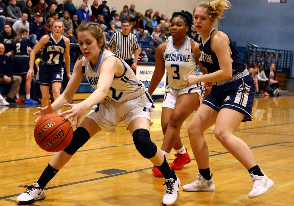 Arlington defeated Meadowdale 61-40 Friday evening at Meadowdale High School in Lynnwood on January 3, 2020. (Kevin Clark / The Herald)