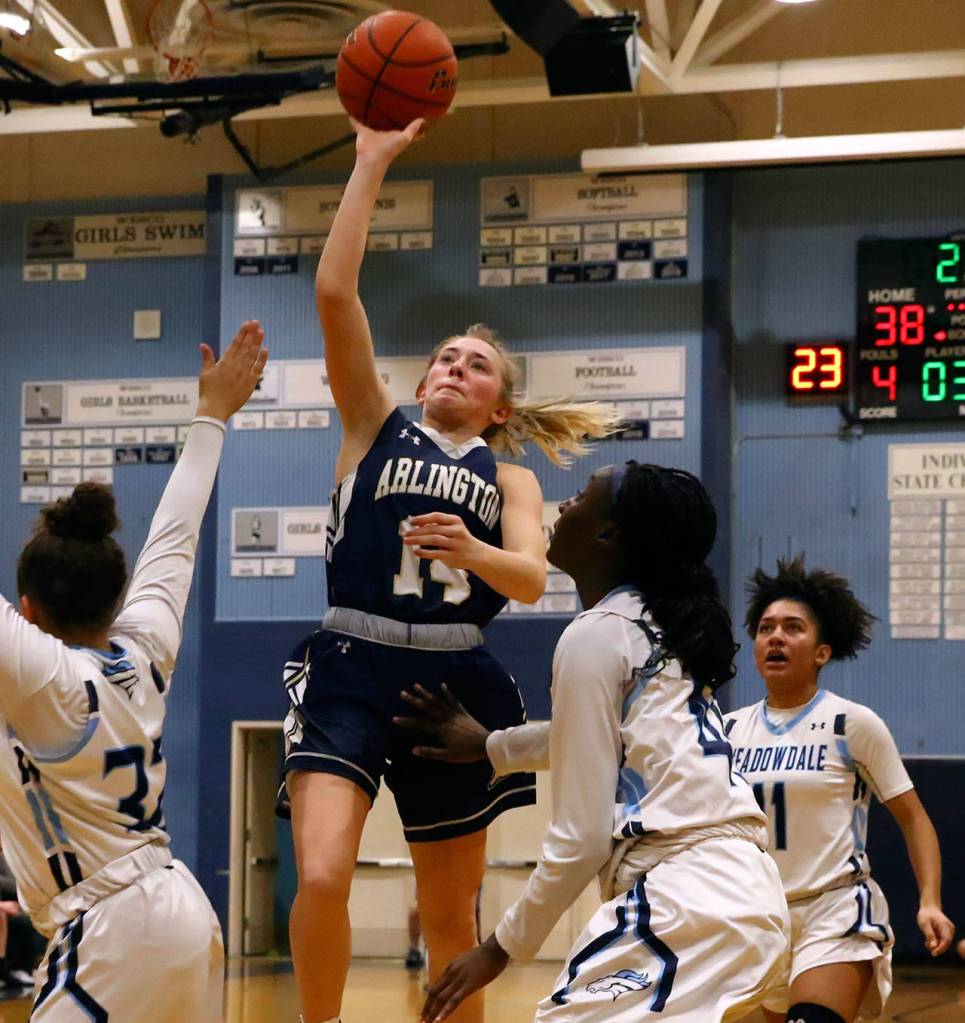 Arlington defeated Meadowdale 61-40 Friday evening at Meadowdale High School in Lynnwood on January 3, 2020. (Kevin Clark / The Herald)