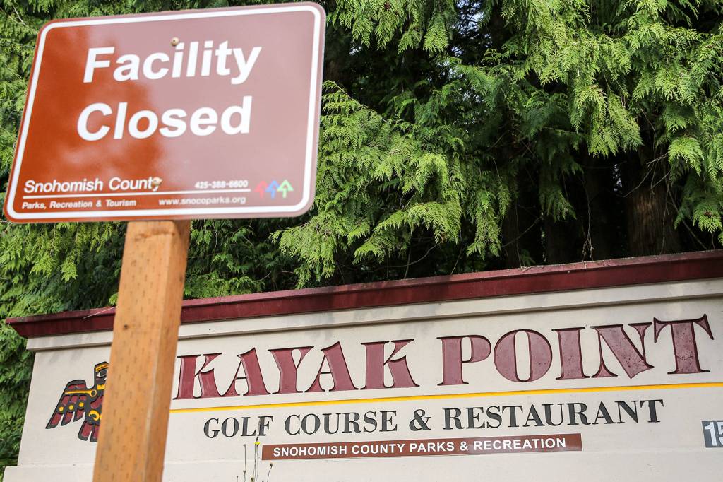 Kayak Point Golf Course near Stanwood remains closed. Snohomish County, which owns the property, is taking proposals that could take them out of the golf business. (Kevin Clark / Herald file)
