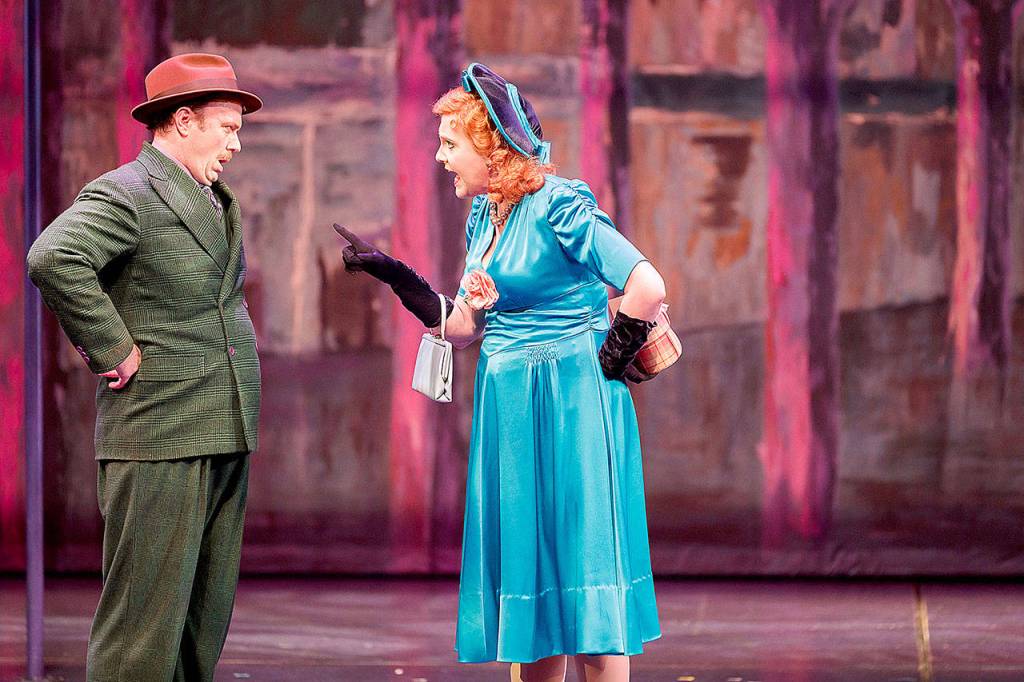 Matt Wolfe (Nathan Detroit) and Kate Jaeger (Miss Adelaide) star in Village Theatres Guys & Dolls. (Mark Kitaoka / Village Theatre)