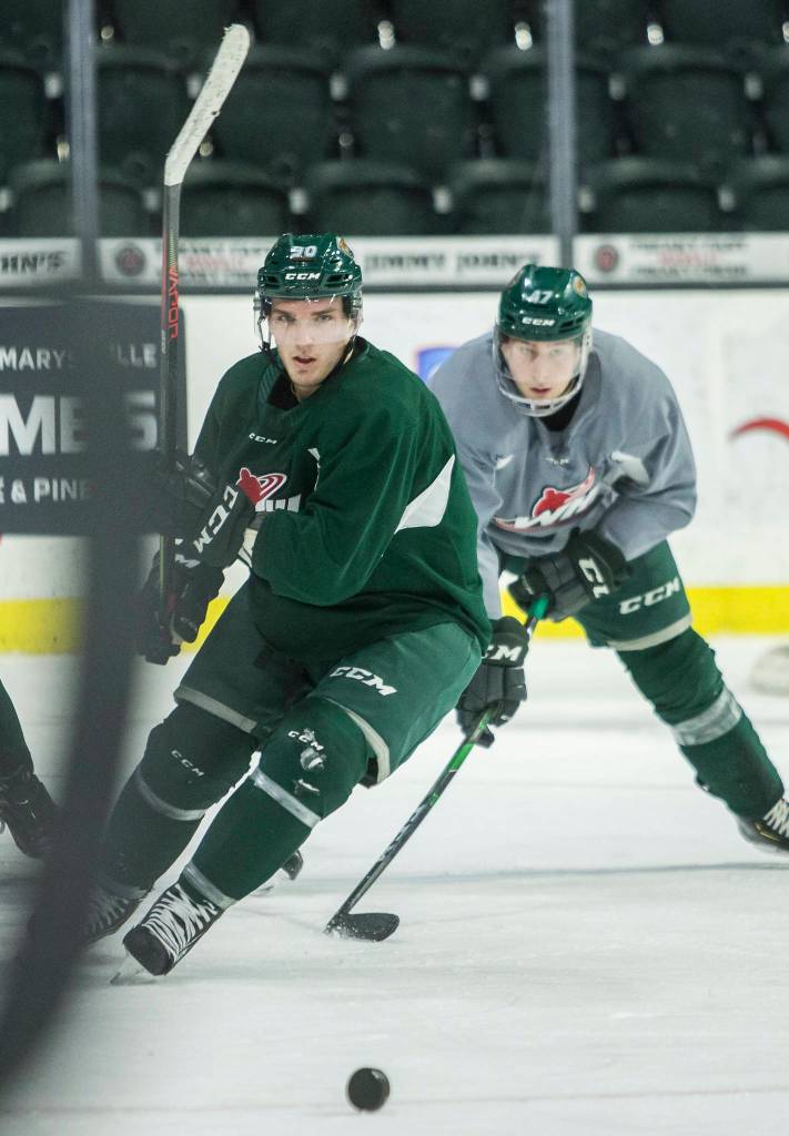 Ty Kolle practices with the team at Angel of the Winds Arena on Thursday, Jan. 9, 2020 in Everett, Wash. (Olivia Vanni / The Herald).