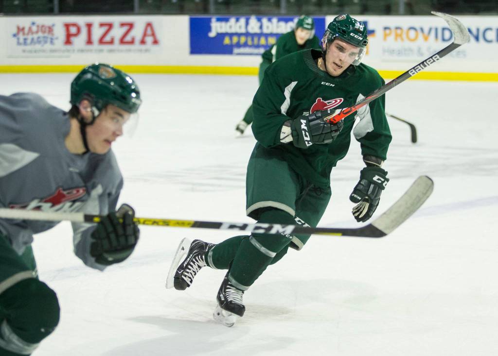 Ty Kolle skates after the puck during Silvertips practice at Angel of the Winds Arena on Thursday, Jan. 9, 2020 in Everett, Wash. (Olivia Vanni / The Herald).