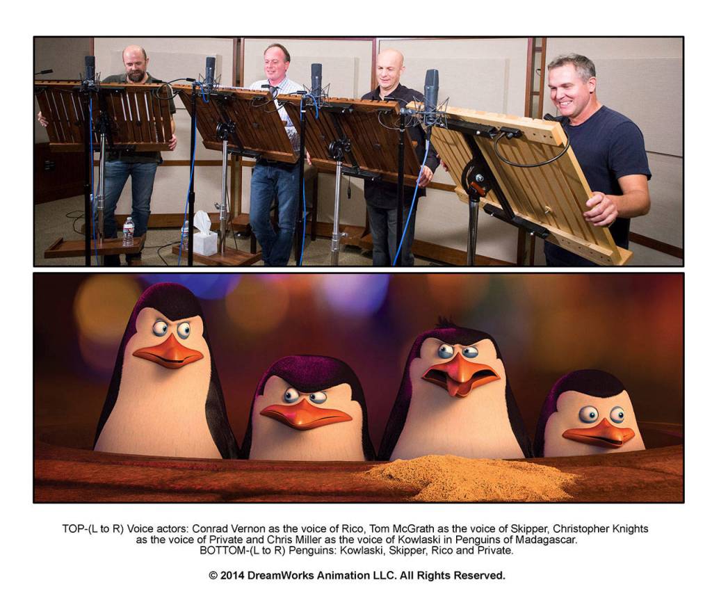 TOP: Voice actors (from left) Conrad Vernon, Tom McGrath, Christopher Knights and Chris Miller record dialogue for Madagascar. BOTTOM: The penguin squad includes Kowlaski (left), named for one of McGraths high school classmates. (Associated Press)