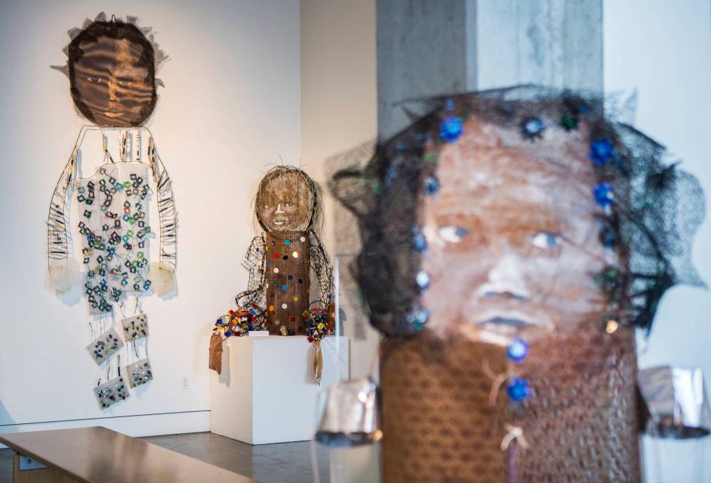 Marita Dingus Guardian, Little Big Feet and Mother sculptures are all made with recycled materials. (Olivia Vanni / The Herald)