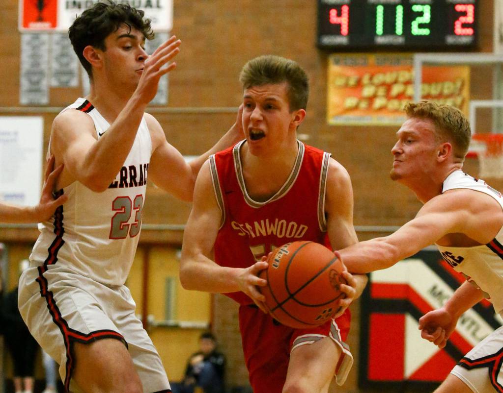 Stanwood defeated Mountlake Terrace 53-51 Friday night at Mountlake Terrace High School on January 10, 2020. (Kevin Clark / The Herald)