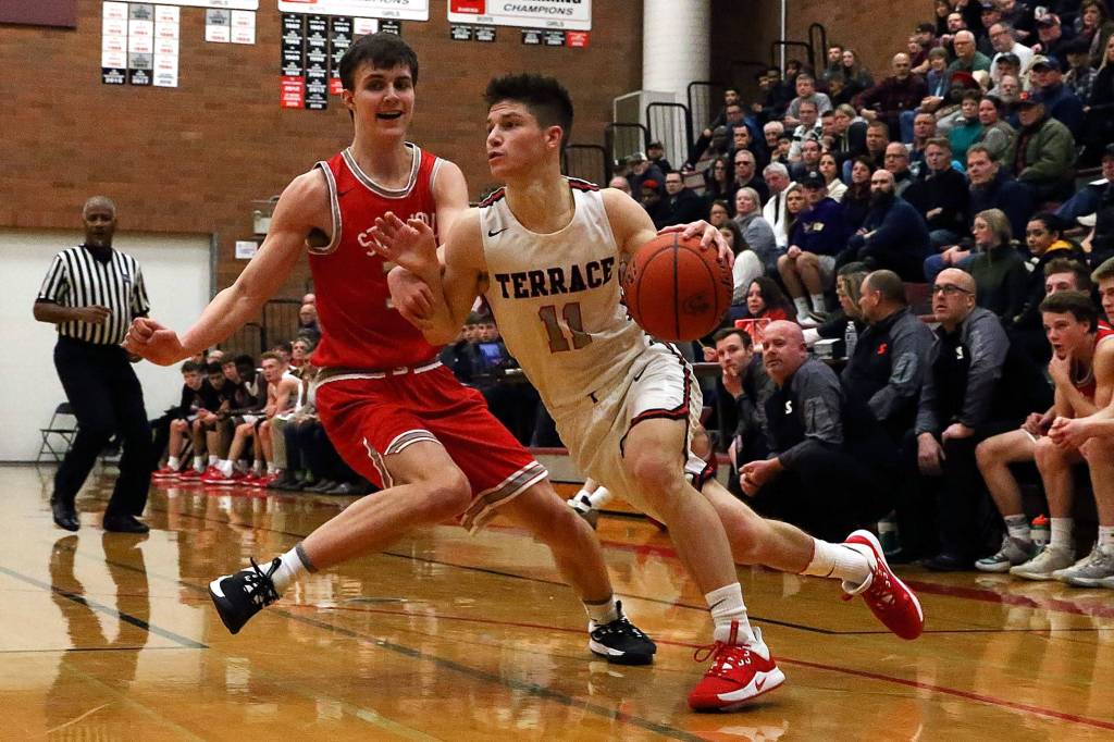 Stanwood defeated Mountlake Terrace 53-51 Friday night at Mountlake Terrace High School on January 10, 2020. (Kevin Clark / The Herald)