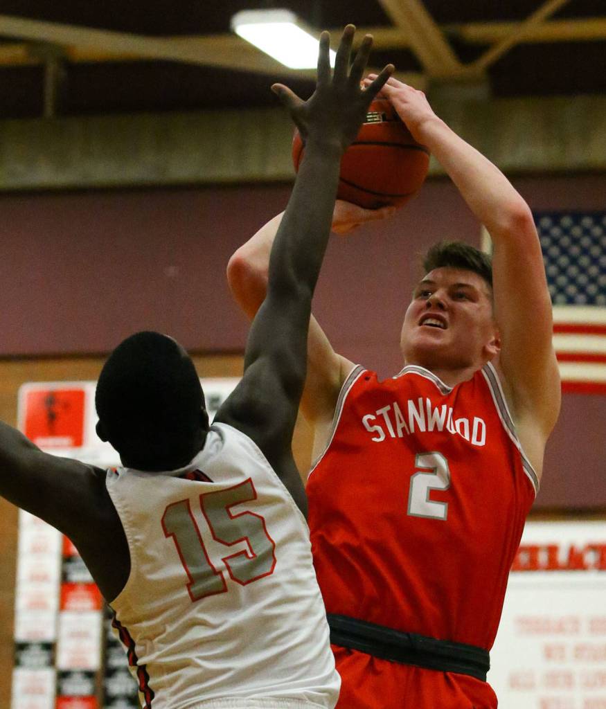 Stanwood defeated Mountlake Terrace 53-51 Friday night at Mountlake Terrace High School on January 10, 2020. (Kevin Clark / The Herald)