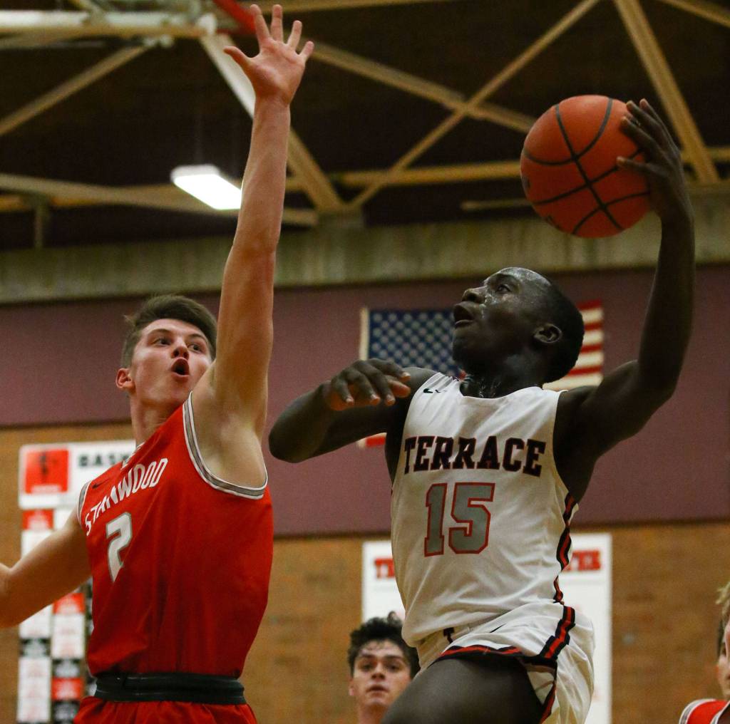 Stanwood defeated Mountlake Terrace 53-51 Friday night at Mountlake Terrace High School on January 10, 2020. (Kevin Clark / The Herald)