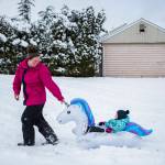 Audrey Boucock, 3, gets pulled in a makeshift unicorn blowup sled up the hill by her mother Laura Boucock on Monday in Everett. School was cancelled in the city because of at least a few inches of snow overnight. (Olivia Vanni / The Herald)