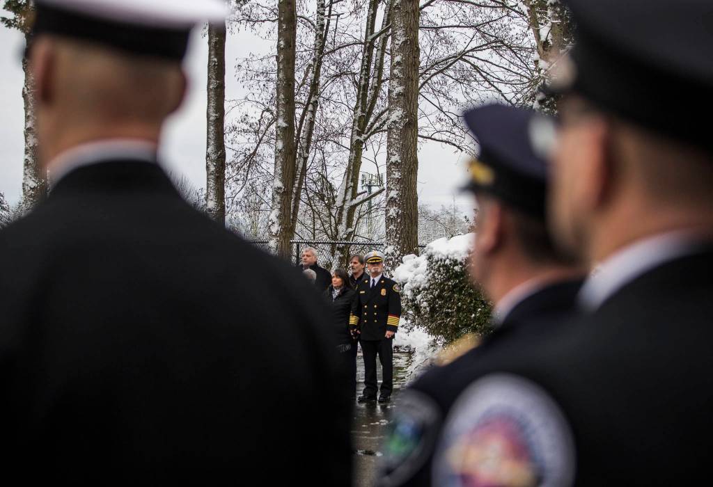Fire Chief Gary Meek looks over at the group of firefighters in attendance at his retirement ceremony on Wednesday. (Olivia Vanni / The Herald)