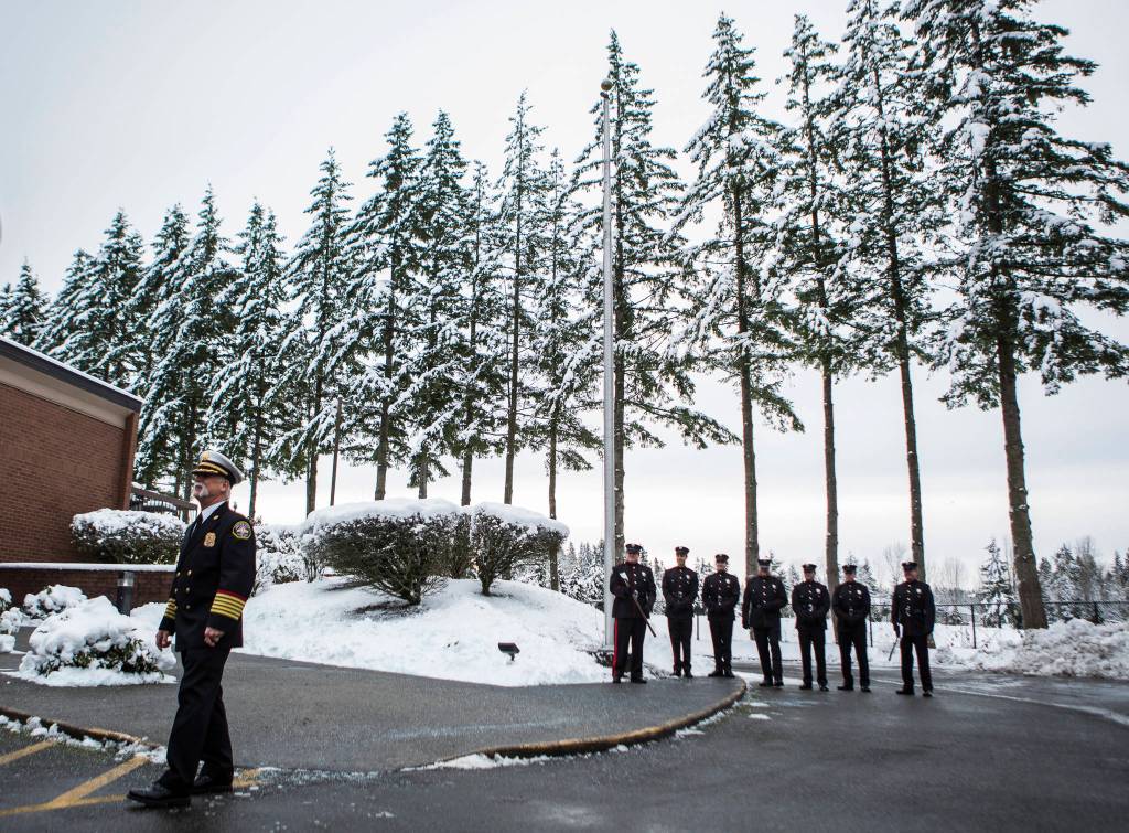 Fire Chief Gary Meek makes a short speech after his retirement ceremony at the Clearview station. (Olivia Vanni / The Herald)