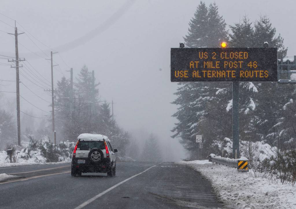 A car heads eastbound on US 2 on Wednesday in Sultan. (Olivia Vanni / The Herald)