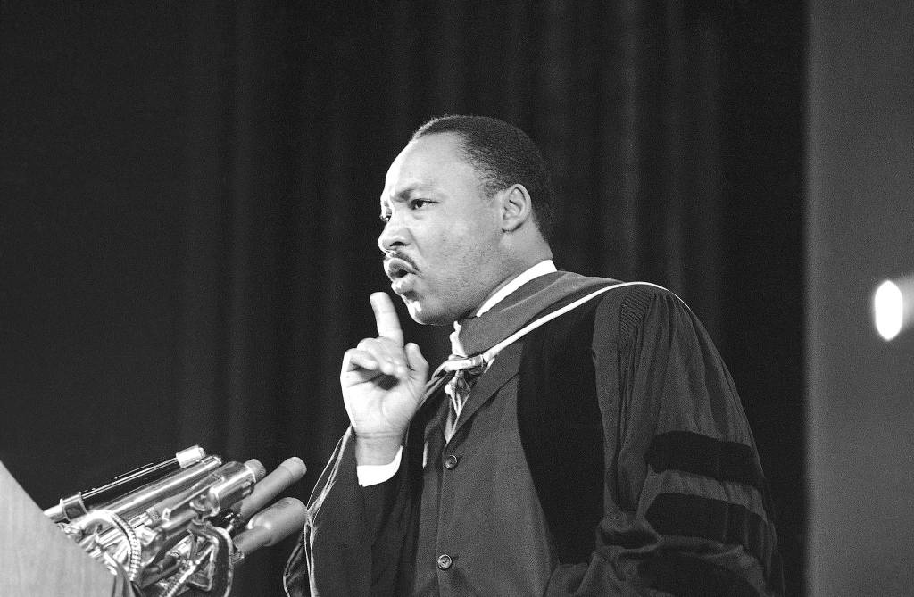 Charles Tasnadi / Associated Press file photo                                Dr. Martin Luther King addresses Charter Day Observance ceremonies at Howard University in Washington, D.C., March 2, 1965.