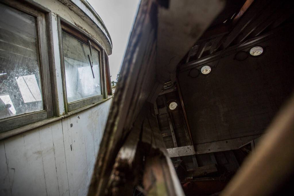 A damaged part of the Argosy on Friday in Tulalip. (Olivia Vanni / The Herald)