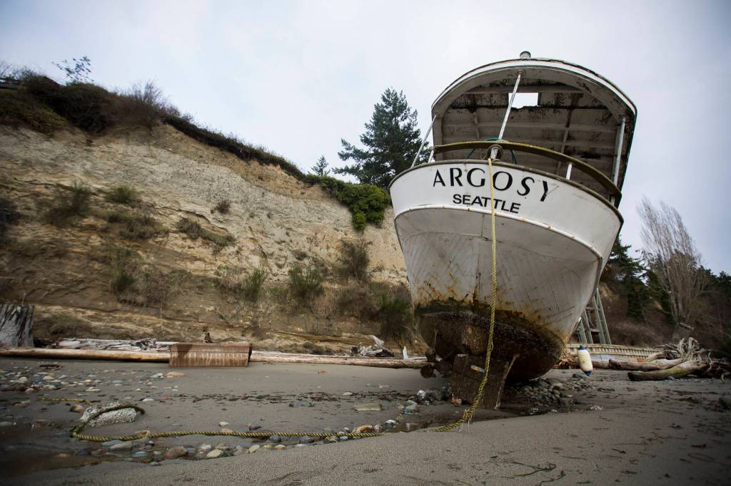 A loose rope hangs from the stern of the Argosy on Friday in Tulalip. (Olivia Vanni / The Herald)