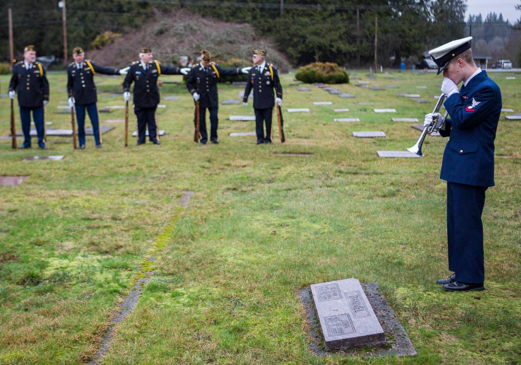 The Honor Guard prepares for the ceremony on Saturday, Jan. 25, 2020 in Monroe, Wash. (Olivia Vanni / The Herald)