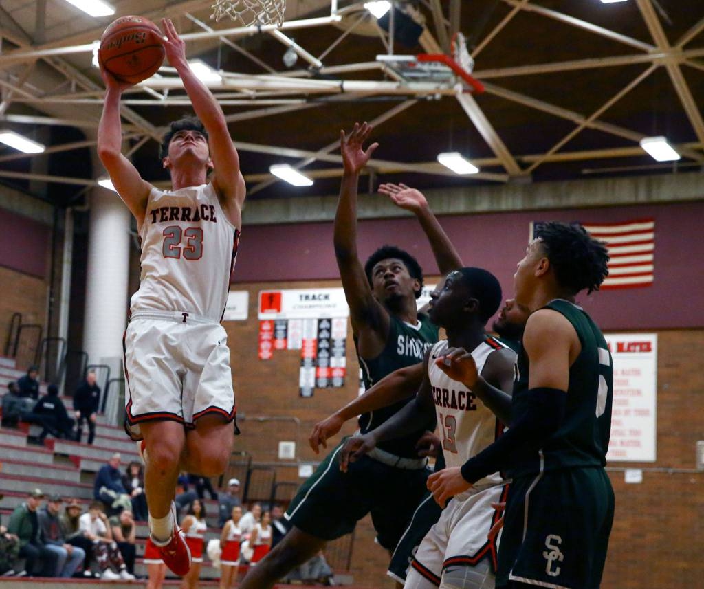 Mountlake Terrace defeated Shorecrest 75-55 Wednesday evening at Mountlake Terrace High School in Mountlake Terrace on January 22, 2019. (Kevin Clark / The Herald)