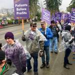 Striking nurses and caregivers at Swedish Edmonds form the picket line outside the hospital on Tuesday. (Andy Bronson / The Herald)