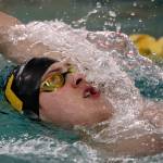 Lake Stevens Nathan Fleischmann swims the backstroke leg of the 200 individual medley during a Wesco North meet against Snohomish and Glacier Peak on Thursday at the Snohomish Aquatic Center. Fleischmann won the event iin a time of 2 minutes, 8.9 seconds and helped the Vikings to a pair of wins that put them a step closer to the Wesco North title. (Kevin Clark / The Herald)