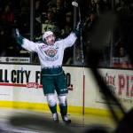 Everett Silvertips Cole Fonstad yells after scoring the first goal of the night during the game against the Spokane Chiefs on Sunday, Jan. 26, 2020 in Everett, Wash. (Olivia Vanni / The Herald)