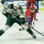 Everett Silvertips Gage Gonclaves fights with Spokane Chiefs Filip Kral for the puck during the game on Sunday, Jan. 26, 2020 in Everett, Wash. (Olivia Vanni / The Herald)
