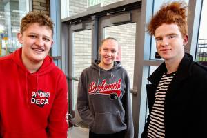 Snohomish High School students Ethan Martez, 16 (from left), Deanna Westerinen, 16, and ASB President Riley Yeoman, 18, meet Wednesday to talk about Sage, their Spanish teachers therapy dog. The much-loved 5-year-old golden retriever has been banned from class after attending for years. (Dan Bates / The Herald)
