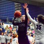 Lake Stevens Cori Wilcox attempts a shot against Glacier Peaks Maya Erling on Tuesday, Jan. 28 at Glacier Peak High School in Snohomish. (Katie Webber / The Herald)