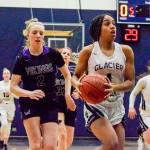 Glacier Peaks Aaliyah Collins attempts a layup against Lake Stevens on Tuesday, Jan. 28 at Glacier Peak High School in Snohomish. (Katie Webber / The Herald)