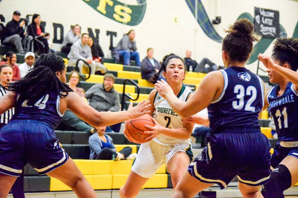 Shorecrests Leila Hosn (2) protects the ball against Meadowdale on Thursday, Jan. 30 at Shorecrest High School in Shoreline. (Katie Webber / The Herald)