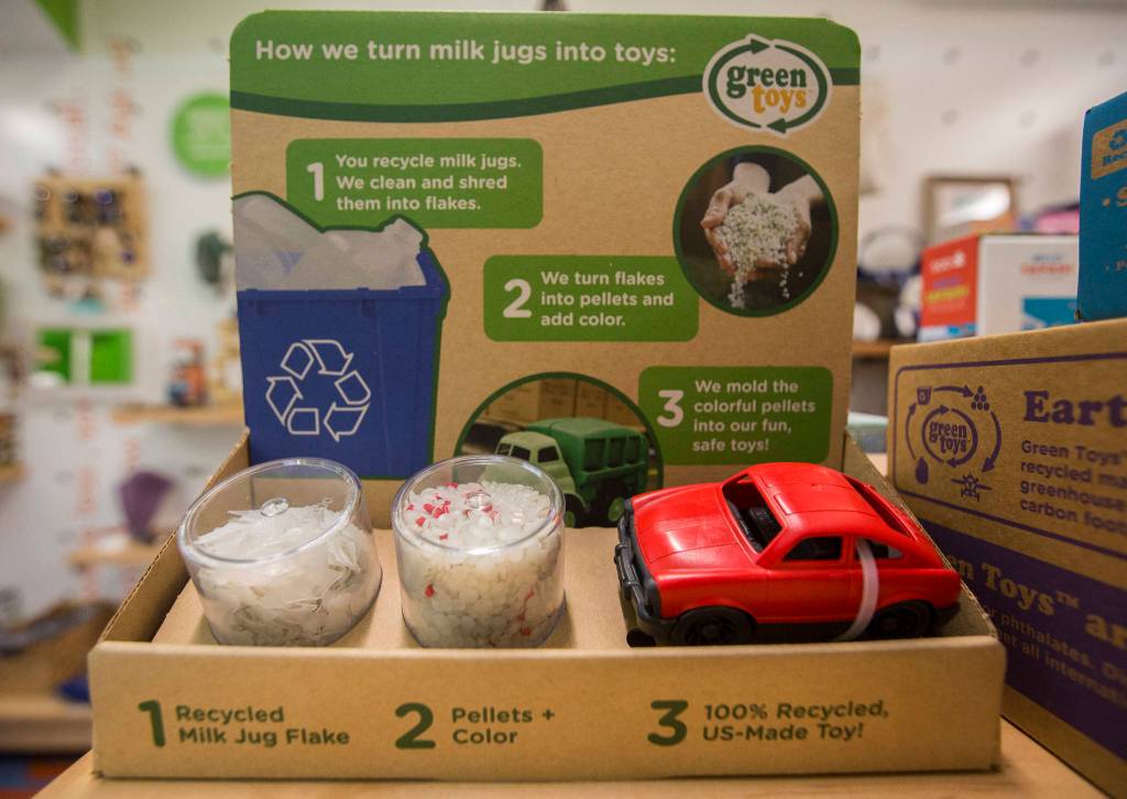 A display explaining Green Toys at Recology in Bothell. (Olivia Vanni / The Herald)