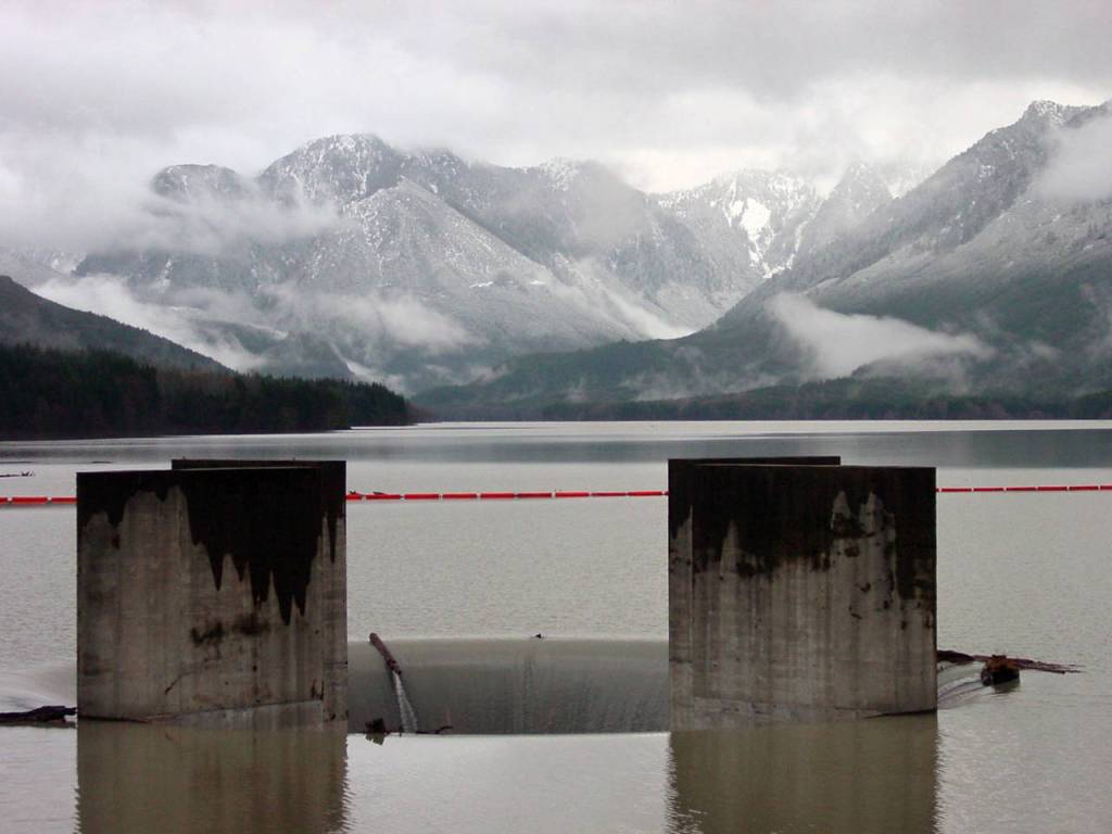 The Spada Lake Reservoir levels hit 1,450 feet Friday evening. It was high enough to begin a rare use of Culmback Dams spillway. (Snohomish County PUD)