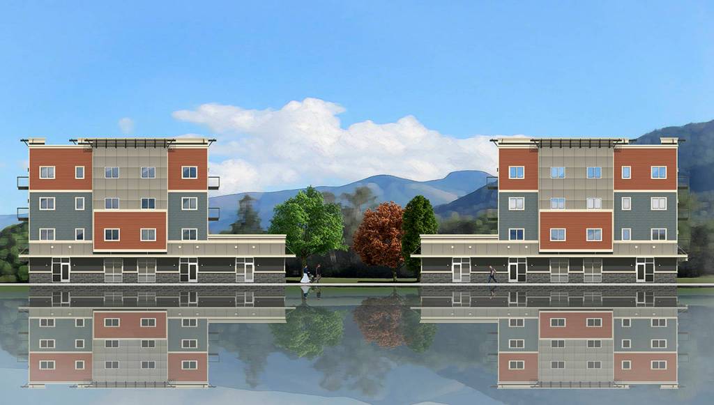 Illustration of housing with ground-floor businesses in the proposed 51st Avenue Urban Village project on 20 acres south of Arlington Municipal Airport, and within the Cascade Industrial Center. (City of Arlington)